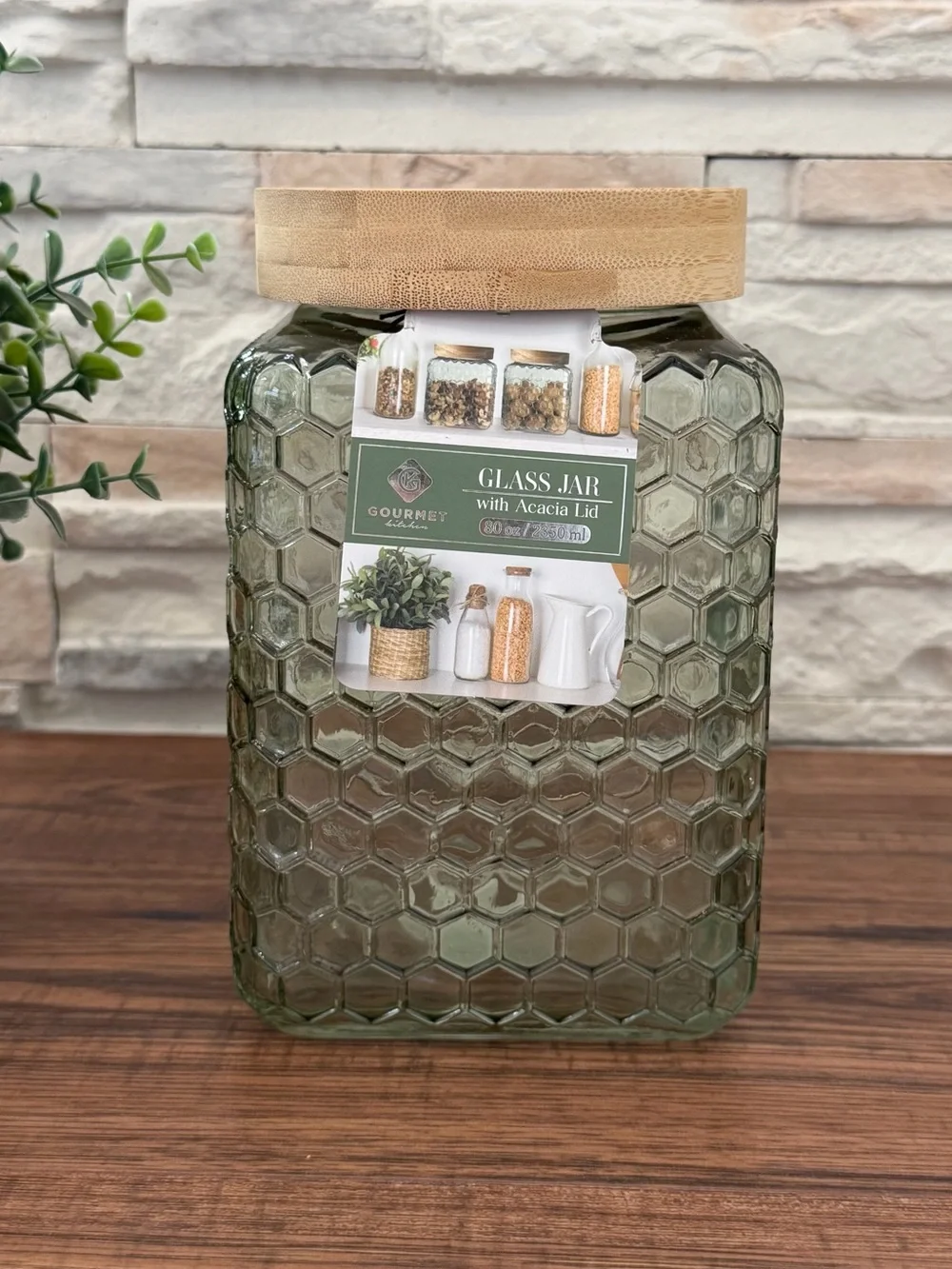 🆕 Green Glass 80oz Honeycomb Storage Jar / Canister with Bamboo Lid!